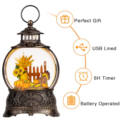 Thanksgiving Lighted Snow Globe Water Lantern - Swirling Glitter Autumn Decor
