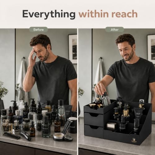 Uncluttered Designs Black Mens Cologne Organizer with Drawers | Dresser Countertop Storage