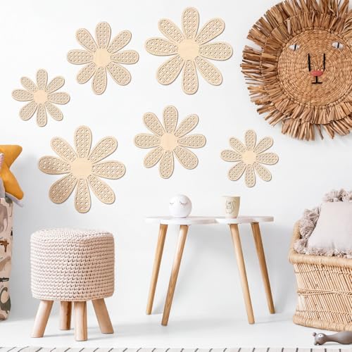 6-Piece Boho Wooden Daisy Flower Wall Decor Set, Rustic Floral Art