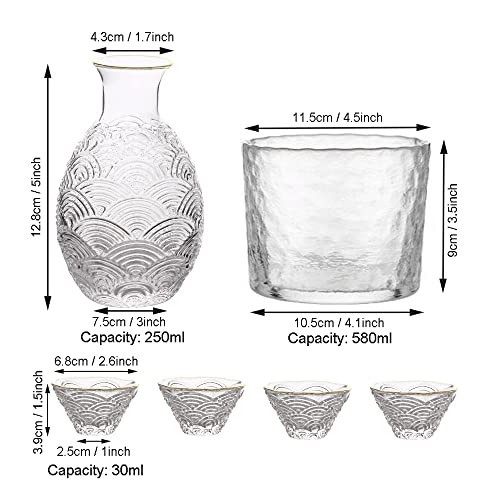 WINIAER Glass Sake Set with Warmer and Cups - Crystal Drinkware for Hot or Iced Sake