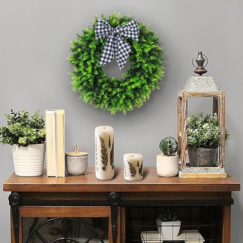 20-Inch Artificial Boxwood Wreath with Buffalo Check Sash for Front Door
