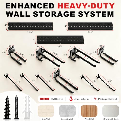Garage Tool Organizer Wall Mount 49.5 Inch with 10 Heavy-Duty Hooks