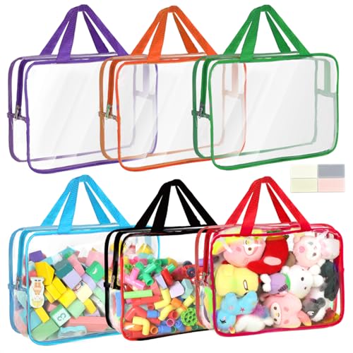 6 Pack Clear Toy Storage Bags with Labels - Large Waterproof Zipper Pouches