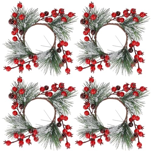 Christmas Candle Rings 4-Pack - Red Berry Wreaths for 3-Inch Pillar Candles