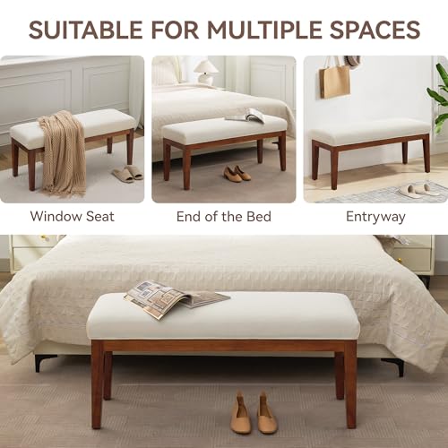 43.5-Inch Upholstered Bedroom Bench with Solid Wood Legs, Cream White