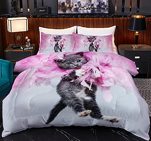 Twin Cat Comforter Set for Kids - Cute Pink Bedding 3Pcs
