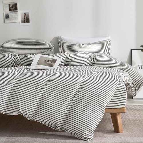 100% Cotton Queen Duvet Cover Set - Soft Grey Striped 3-Piece Bedding