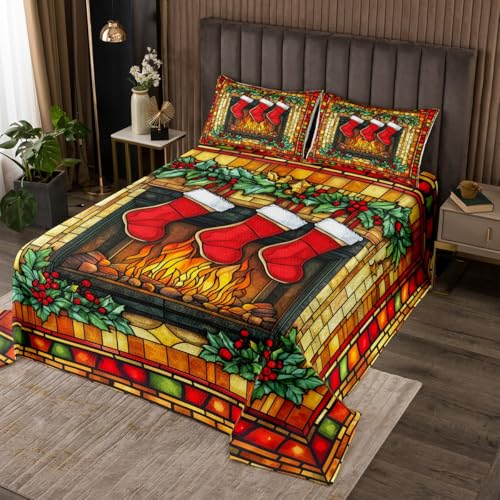 Manfei Christmas Stocking Kids Bedspread Set Queen 90x90 - Black/Red/Orange Geometric Plaid