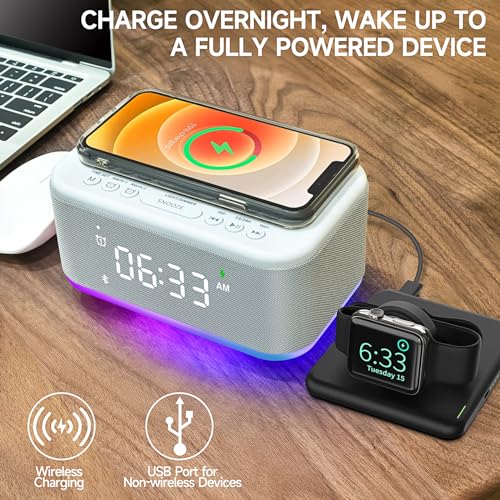 Digital Alarm Clock with Bluetooth Speaker, RGB Night Light & Wireless Charger