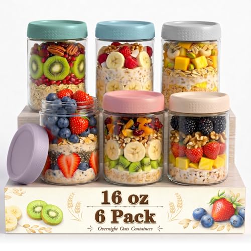 16 oz Glass Mason Jars with Airtight Lids - 6 Pack Overnight Oats Containers