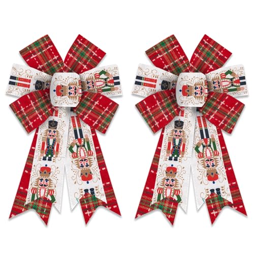 Nutcracker Buffalo Plaids 2 Pack Christmas Wreath Bows, Medium Burlap Ribbon Topper for Wreaths & Trees