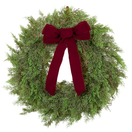 DN Deconation 22in Christmas Wreath with Green Foliage & Burgundy Velvet Bow — Front Door