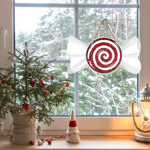 Christmas Red Peppermint Candy Front Door Sign - Xmas Glitter White, Candy Variation