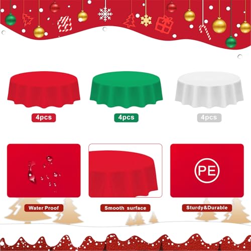 12 Pack 84-Inch Christmas Round Tablecloths - Red, Green, White Disposable Plastic Covers