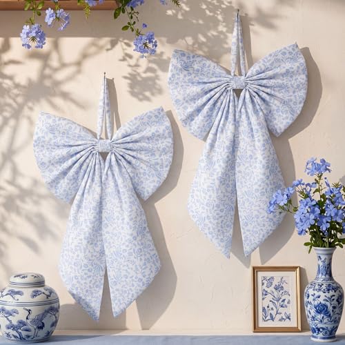 Chinoiserie Wreath Sash 24x16 Inch Floral Burlap Ribbon Bow 2 Pcs
