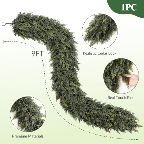 9FT Real Touch Cedar Garland for Christmas Decor, Lush Faux Greenery Mantel Wreath