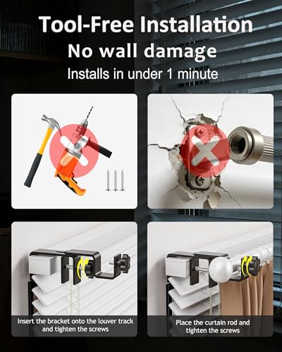 No Drill Curtain Rod Brackets for Blinds - Adjustable Tool-Free Holders