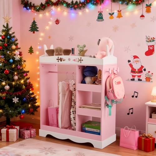 Kids Rabbit-Shaped Dress Up Wardrobe with Mirror, Hooks, and Storage Shelves