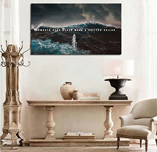 Sea Waves Canvas Prints Wall Art Inspirational Smooth Sea Never Made a Skilled Sailor Wall Art Canvas Print Framed Picture Painting for Office Hallway Home Decor-24"x48"