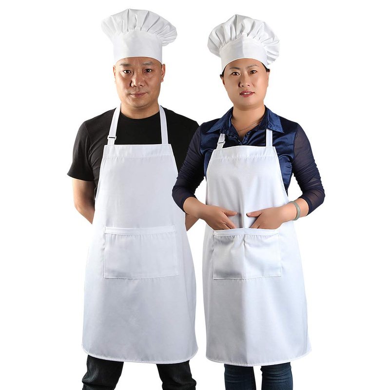 yotache Chef Apron Set, Chef Hat and Kitchen Apron Adult Adjustable White Apron Baker for Men and Women, 2 Sets (33" L x 26" W)
