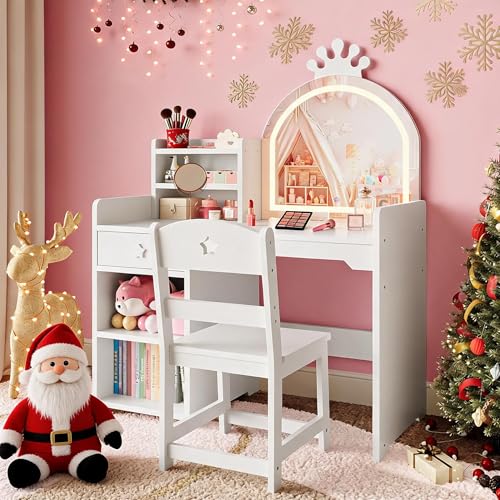4-Piece Kids Vanity Set with Lighted Mirror, Chair, and Storage Cabinet