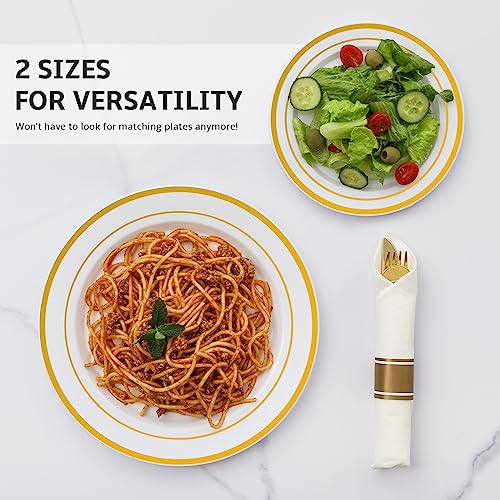AOZITA Gold Rim 200pcs Heavy Duty Disposable Plates Set - 100 Dinner + 100 Salad Plates