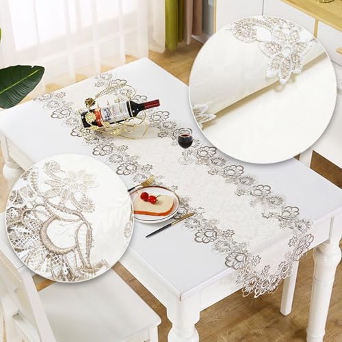 LeLehome 69 Inch Embroidery Lace Table Runner - Elegant Jacquard Floral Dresser Scarf for Dining & Wedding