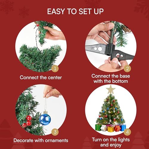 Mini Christmas Tree with Gift Box - Pre-Lit 24 Inch Holiday Decor with Ornaments & LED Lights