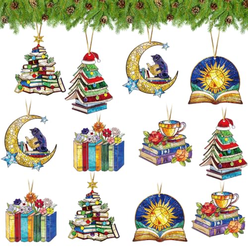 Kathfly Acrylic 12 Pcs Christmas Book Ornaments for Book Lovers, Holiday Decor