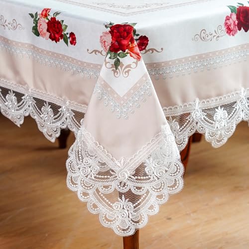 SUTAVIA Off-White 60 x 120 in Lace Embroidered Tablecloth, Rectangular Waterproof Polyester