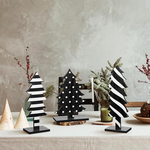 Meooeck 3 Pcs Wooden Christmas Tree Decorations with Bases – Rustic Tabletop Signs