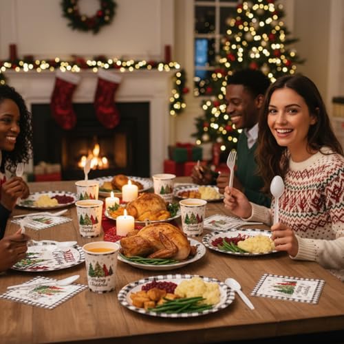Ziliny Christmas Tree Paper Dinnerware Set with Napkins & Cups, 300 pcs Xmas Party Supplies
