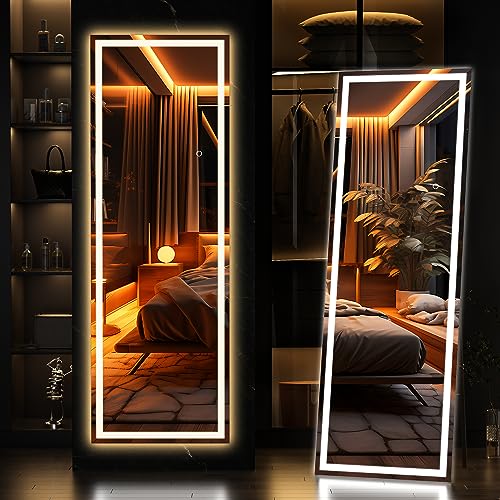 56" x 16" LED Full Length Floor Mirror, Dimmable Lighted Dressing Mirror