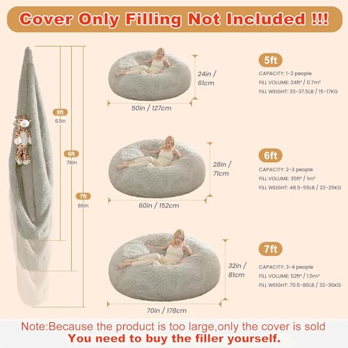 5FT Faux Fur Bean Bag Chair Cover - Waterproof Storage Beanbag for Adults