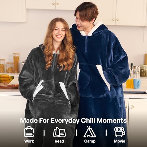 Sherpa Fleece Wearable Blanket Hoodie with Pockets - Cozy Dark Grey