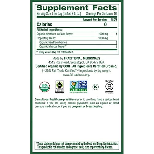 Traditional Medicinals Organic Hawthorn & Hibiscus Herbal Tea, Promotes Heart Health, (Pack of 3) 48 Tea Bags Total