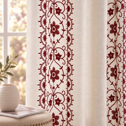 Chorowl Burgundy on Beige Linen Curtains 2 Panels 52"W x 63"L Grommet