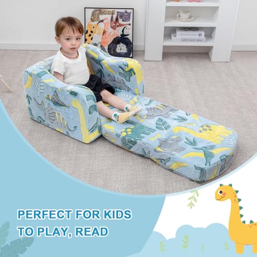 2-in-1 Foldable Kids Sofa Chair & Couch with Blanket - Green Dinosaur