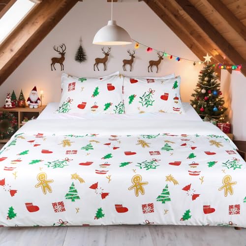 HITIME 100% Polyester Duvet Cover Set - Queen 3pc Christmas Cartoon Print, Lightweight & Breathable