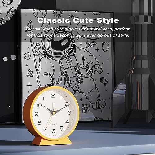 Silent 4.5" Retro Analog Alarm Clock - Non-Ticking Metal Desk Clock (Orange)