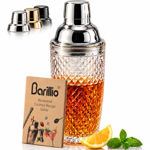 Barillio Silver 14 oz Glass Cocktail Shaker with Built-In Strainer - Leak-Proof Martini Mixer