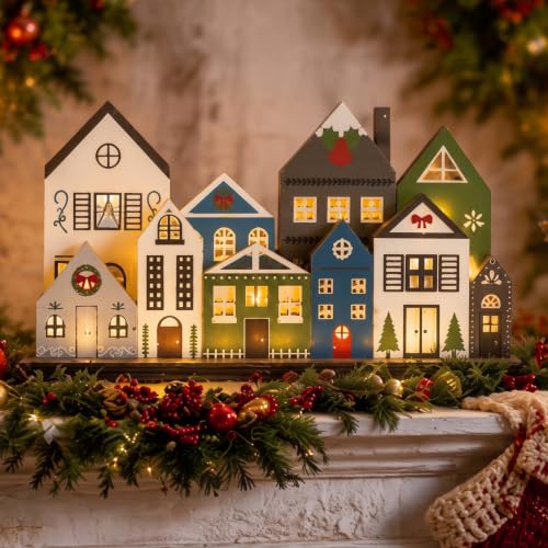 Lighted Wooden Christmas Village Houses - Rustic Tabletop Holiday Centerpiece