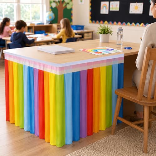 Rainbow Table Skirt for Teacher Desk - 14ft Wrinkle-Resistant Classroom Decor