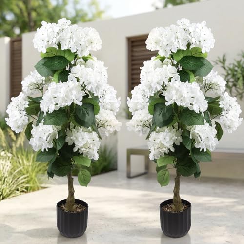3 Ft Artificial Hydrangea Topiary Trees, UV Resistant Potted Faux Plant - 2 Pcs