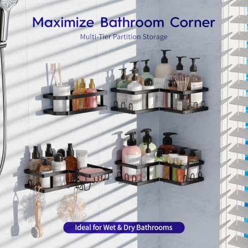 Black Corner Shower Caddy Organizer Rustproof No Drilling 4-Pack