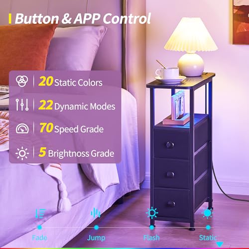 Narrow End Table with Charging Station, 2 Drawers and Smart LED Light