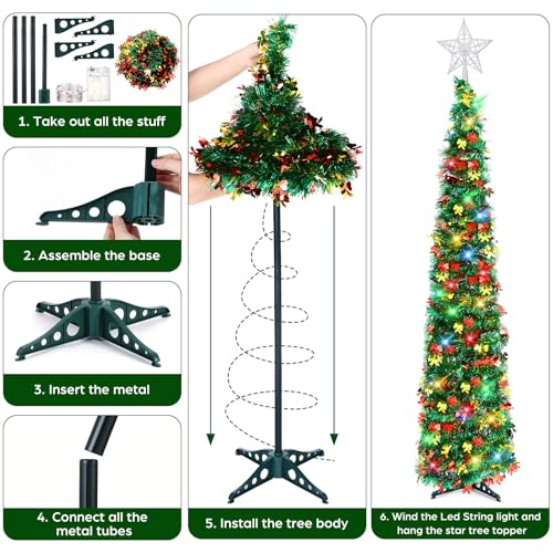 Arrowbash 5 Ft Pop Up Christmas Tree with Lights Colorful Bows (Colorful Bows Variant)