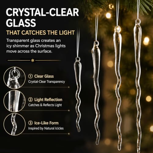 OuMuaMua Large Clear Glass Icicle Christmas Ornaments - 12-Piece, 6-12in S-Curve Handmade