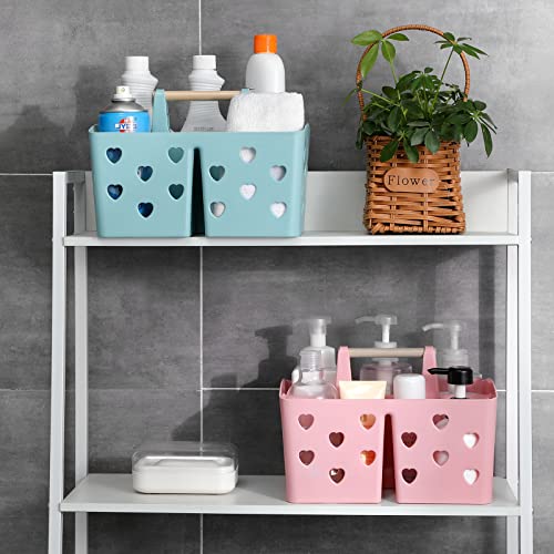 Portable Plastic Shower Caddy with Wooden Handle and Drainage Holes
