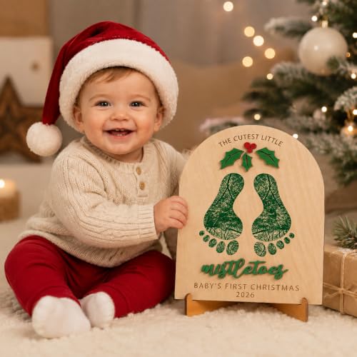 Kingduhu The Cutest Little Mistletoes Baby's First Christmas 2025 Footprint Board - Xmas FootPrint (Personalized Nursery Photo Prop, Wooden Keepsake)